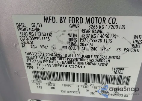 2011 Ford F-150 Lariat z USA, uszkodzony, nr VIN 1FTFW1EF5BFC37613